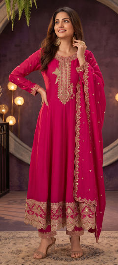 Pink and Majenta color Salwar Kameez in Silk fabric with Embroidered, Sequence work
