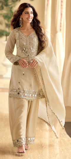 Beige and Brown color Salwar Kameez in Shimmer, Silk fabric with Embroidered, Mirror work