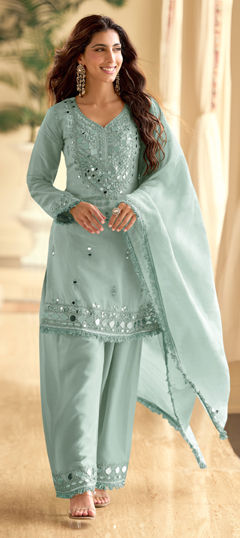 Green color Salwar Kameez in Shimmer, Silk fabric with Embroidered, Mirror work