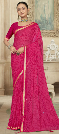 Pink and Majenta color Saree in Silk fabric with Bandhej, Mirror, Printed work