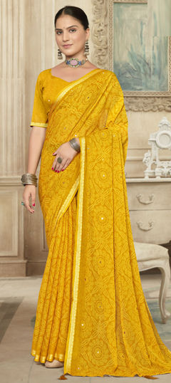 Yellow color Saree in Silk fabric with Bandhej, Mirror, Printed work