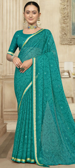 Green color Saree in Silk fabric with Bandhej, Mirror, Printed work