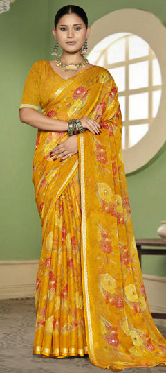 Yellow color Saree in Silk fabric with Floral, Mirror, Printed work