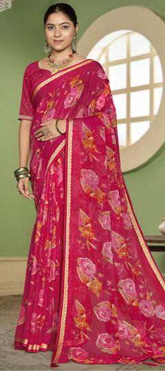 Pink and Majenta color Saree in Silk fabric with Floral, Mirror, Printed work