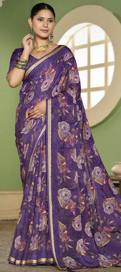 Purple and Violet color Saree in Silk fabric with Floral, Mirror, Printed work