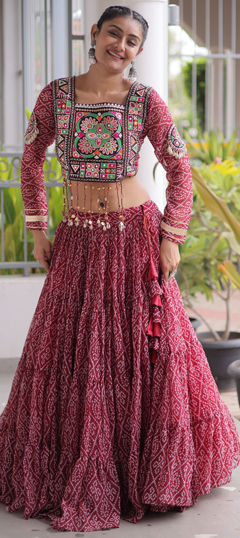 Red and Maroon color Ready to Wear Lehenga in Faux Georgette fabric with Bandhej, Patch, Printed work