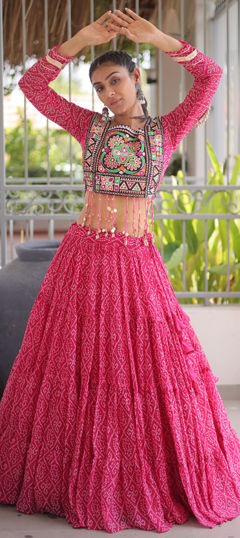 Pink and Majenta color Ready to Wear Lehenga in Faux Georgette fabric with Bandhej, Patch, Printed work