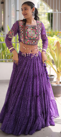 Purple and Violet color Ready to Wear Lehenga in Faux Georgette fabric with Bandhej, Patch, Printed work