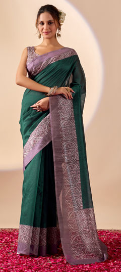 Green color Readymade Saree in Jute fabric with Printed work