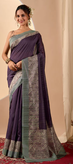 Purple and Violet color Readymade Saree in Jute fabric with Printed work