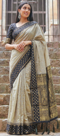 Beige and Brown color Saree in Cotton fabric with Weaving, Zari work