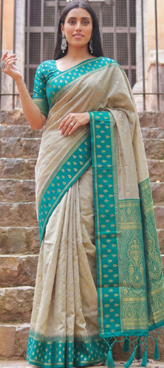 Beige and Brown color Saree in Cotton fabric with Weaving, Zari work