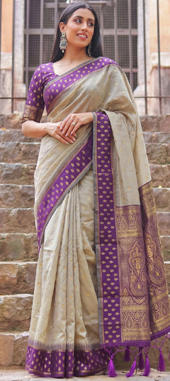 Beige and Brown color Saree in Cotton fabric with Weaving, Zari work
