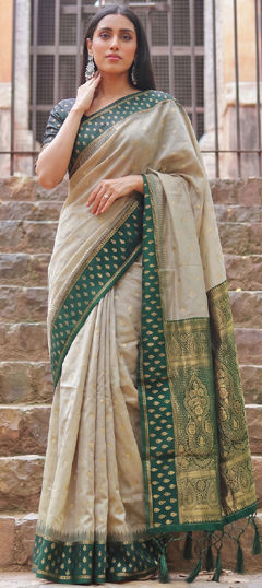 Beige and Brown color Saree in Cotton fabric with Weaving, Zari work