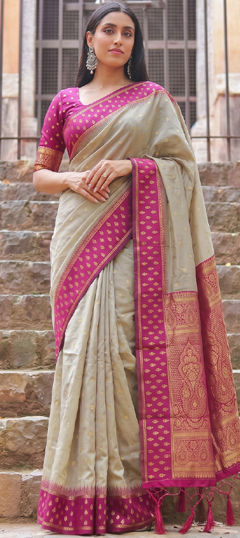 Beige and Brown color Saree in Cotton fabric with Weaving, Zari work