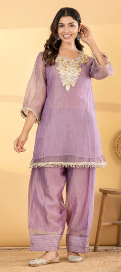 Purple and Violet color Salwar Kameez in Mul Chanderi fabric with Embroidered, Patch, Sequence, Zari work