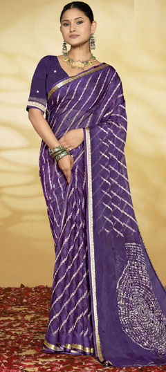 Purple and Violet color Saree in Silk fabric with Lehariya, Mirror, Printed work