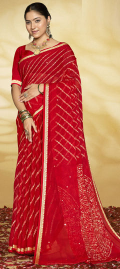 Red and Maroon color Saree in Silk fabric with Lehariya, Mirror, Printed work
