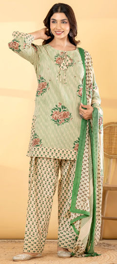 Beige and Brown, Green color Salwar Kameez in Cotton fabric with Floral, Mirror, Printed work
