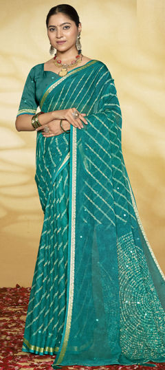 Blue color Saree in Silk fabric with Lehariya, Mirror, Printed work