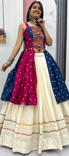 Pink and Majenta color Long Lehenga Choli in Cotton fabric with Bandhej, Mirror, Printed work