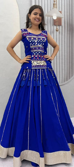 Blue color Long Lehenga Choli in Cotton fabric with Bandhej, Mirror, Printed work
