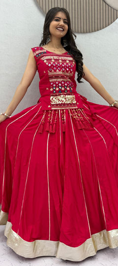 Red and Maroon color Long Lehenga Choli in Cotton fabric with Bandhej, Mirror, Printed work