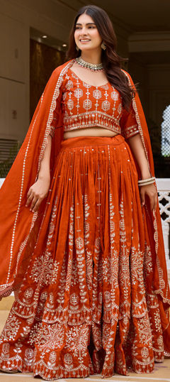 Orange color Ready to Wear Lehenga in Silk fabric with Embroidered, Sequence work