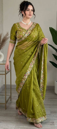 Green color Saree in Tissue fabric with Embroidered, Sequence work