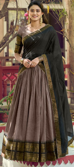 Beige and Brown color Lehenga in Poly cotton fabric with Weaving, Zari work