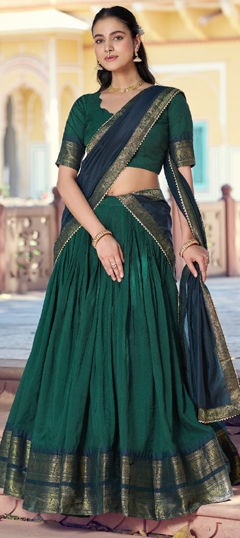 Green color Lehenga in Poly cotton fabric with Weaving, Zari work