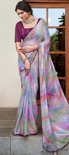 Multicolor color Saree in Satin Silk fabric with Embroidered, Printed work