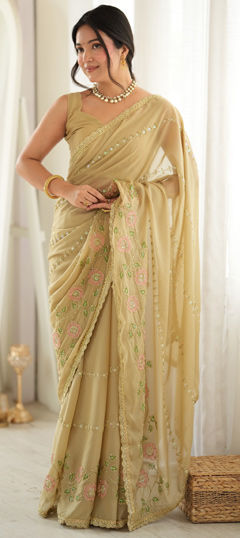 Beige and Brown color Saree in Georgette fabric with Bugle Beads, Embroidered, Thread work