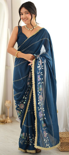 Blue color Saree in Georgette fabric with Bugle Beads, Embroidered, Thread work
