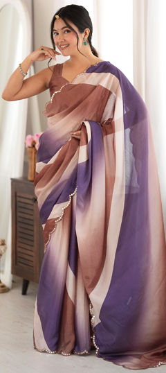Beige and Brown color Saree in Chinon Silk fabric with Digital Print, Mirror work