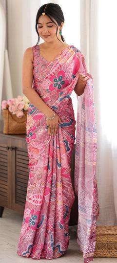 Pink and Majenta color Saree in Chinon Silk fabric with Digital Print, Mirror work