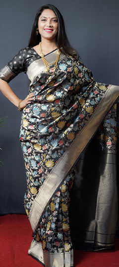 Black and Grey color Saree in Blended fabric with Weaving, Zari work