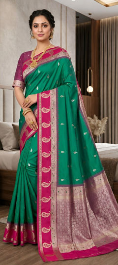 Green color Saree in Banarasi Silk fabric with Weaving, Zari work