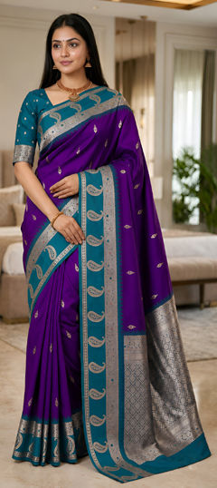 Purple and Violet color Saree in Banarasi Silk fabric with Weaving, Zari work