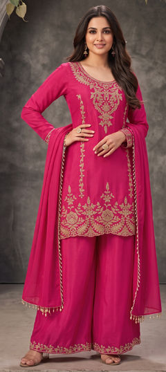 Pink and Majenta color Salwar Kameez in Chinon Silk fabric with Bugle Beads work