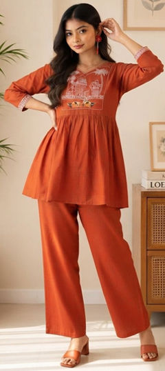 Beige and Brown color Salwar Kameez in Cotton fabric with Embroidered, Thread work
