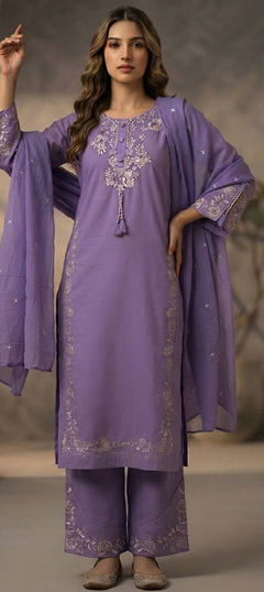 Purple and Violet color Salwar Kameez in Cotton fabric with Embroidered work
