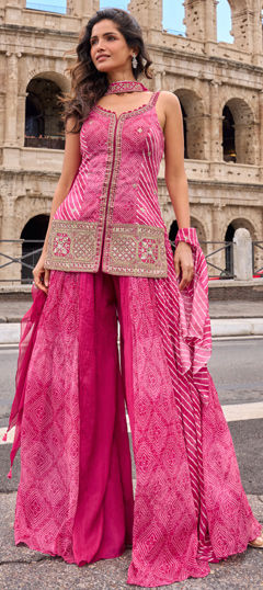 Pink and Majenta color Salwar Kameez in Chinon Silk fabric with Printed work
