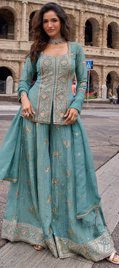 Blue color Salwar Kameez in Chinon Silk fabric with Embroidered work
