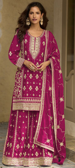 Pink and Majenta color Salwar Kameez in Chinon Silk fabric with Embroidered, Sequence work