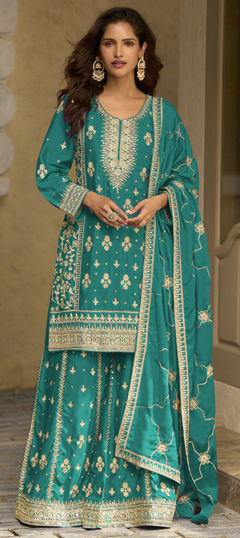 Blue color Salwar Kameez in Chinon Silk fabric with Embroidered, Sequence work
