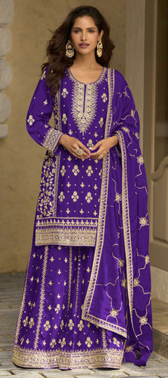 Purple and Violet color Salwar Kameez in Chinon Silk fabric with Embroidered, Sequence work