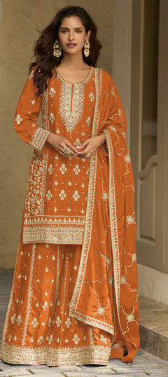 Orange color Salwar Kameez in Chinon Silk fabric with Embroidered, Sequence work