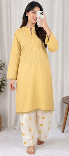 Yellow color Salwar Kameez in Cotton, Rayon fabric with Lace work