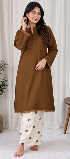 Beige and Brown color Salwar Kameez in Cotton, Rayon fabric with Lace work